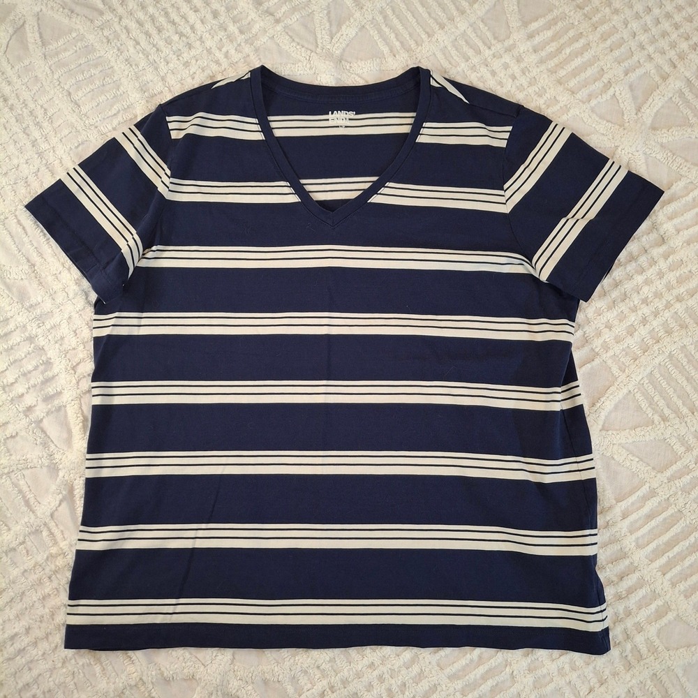 Lands End Womens Size Large Navy Blue White Striped V-Neck Cotton T-Shirt